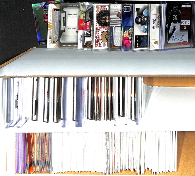 Football Card Bulk Lot (2 Row Box) w. (68) Autographs + Relics inc. 2018 Contenders Roquan Smith Rookie Autograph (#/99), 2018 Contenders Denzel Ward Rookie Autograph, +