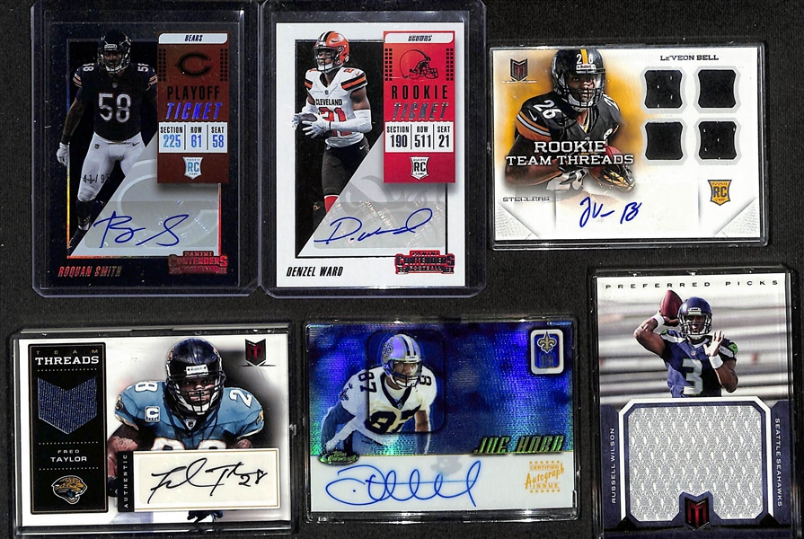 Football Card Bulk Lot (2 Row Box) w. (68) Autographs + Relics inc. 2018 Contenders Roquan Smith Rookie Autograph (#/99), 2018 Contenders Denzel Ward Rookie Autograph, +