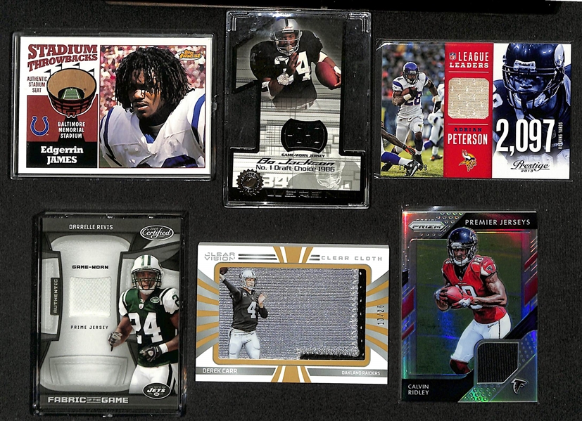 Football Card Bulk Lot (2 Row Box) w. (68) Autographs + Relics inc. 2018 Contenders Roquan Smith Rookie Autograph (#/99), 2018 Contenders Denzel Ward Rookie Autograph, +
