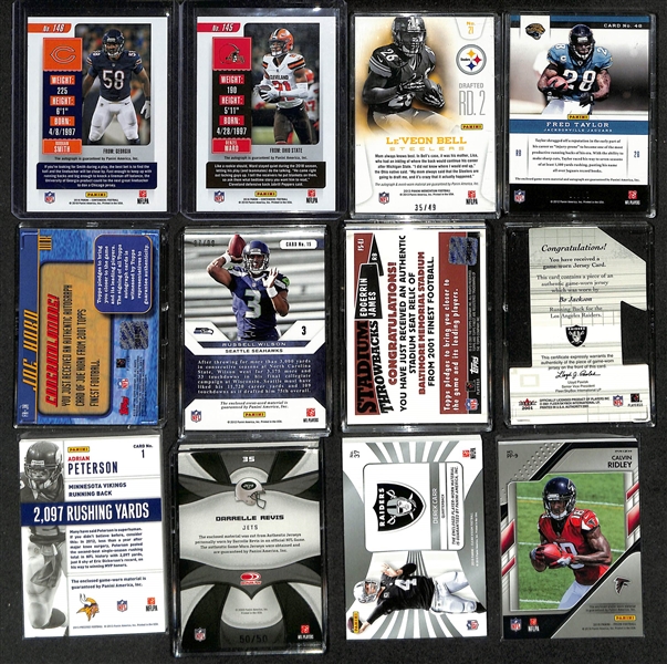 Football Card Bulk Lot (2 Row Box) w. (68) Autographs + Relics inc. 2018 Contenders Roquan Smith Rookie Autograph (#/99), 2018 Contenders Denzel Ward Rookie Autograph, +
