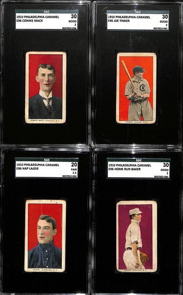 1910 Philadelphia Caramel E96 Complete Set of (30) - All Graded w. Many HOFers - Inc. Connie Mack (SGC 2), Joe Tinker (SGC 2), Nap Lajoie (SGC 1.5), Home Run Baker (SGC 2), McQuillan (SGC 5),...