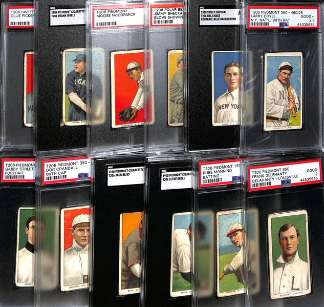 (12) 1909-11 T206 Graded Cards w. Larry Doyle (PSA 2.5), Hal Chase, Sheckard (Polar Bear), Moose McCormick, Isbell, Pickering, Delehanty, Manning, Engle, Bliss, Crandall, Street