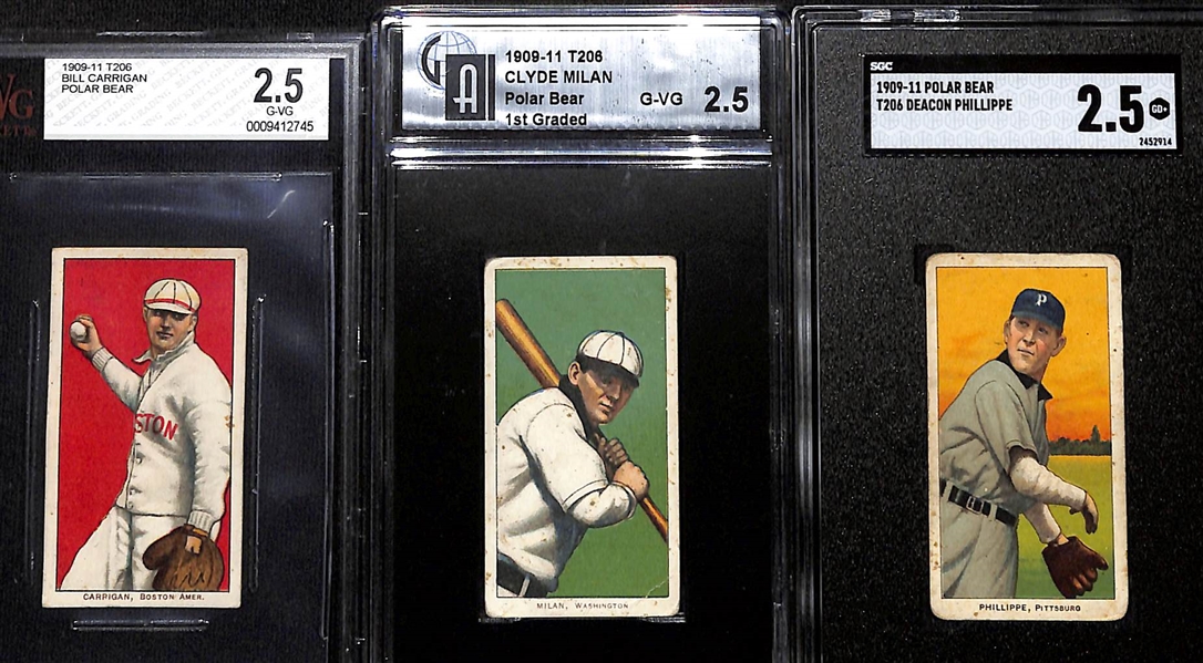 (9) 1909-11 T206 Graded Cards (All Graded 2.5) w. Carrigan (Polar Bear), Milan (Polar Bear), Phillippe (Polar Bear), LaPorte, Camnitz (Arms Folded), Bull Durham, Sullivan, Tom Jones, & Scott.