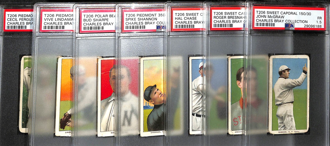 (7) 1909-11 T206 Cards (PSA Slabbed Charles Bray Collection) - John McGraw (HOF, PSA 1.5), Bresnahan (HOF, PSA 2), Hal Chase (PSA 2), Shannon (PSA 2.5), Sharpe (Polar Bear, PSA 2.5), Lindaman...