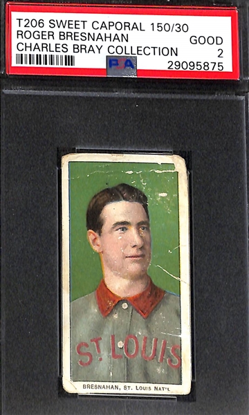 (7) 1909-11 T206 Cards (PSA Slabbed Charles Bray Collection) - John McGraw (HOF, PSA 1.5), Bresnahan (HOF, PSA 2), Hal Chase (PSA 2), Shannon (PSA 2.5), Sharpe (Polar Bear, PSA 2.5), Lindaman...