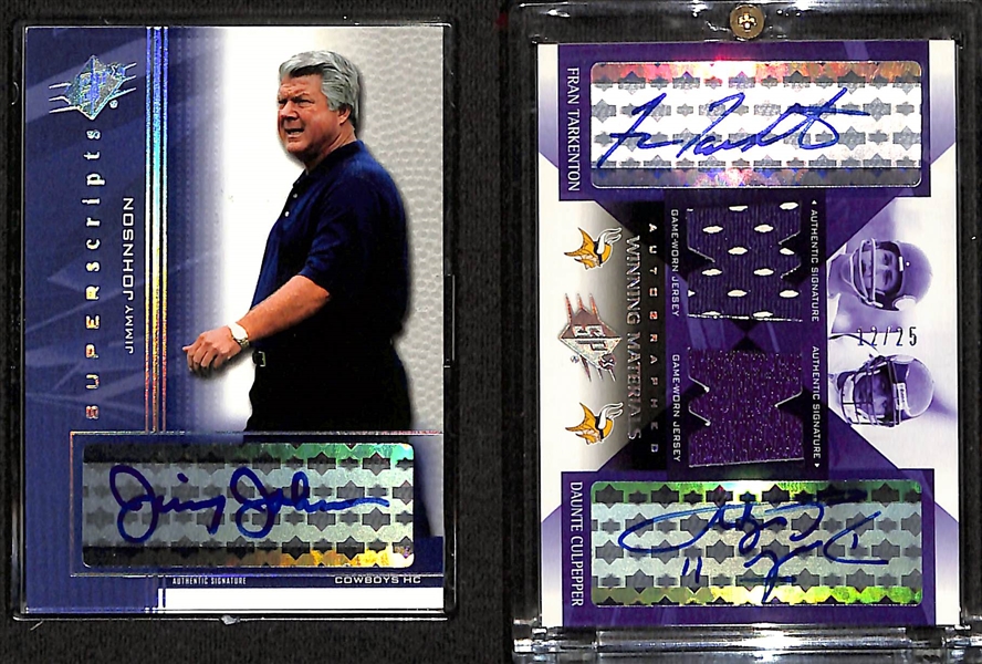 (2) 2004 Upper Deck SPx Football Cards w. Jimmy Johnson Autograph & Fran Tarkenton Dual Autograph