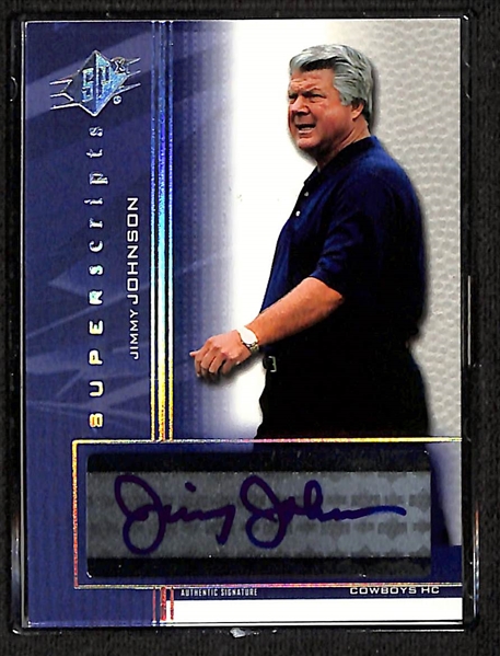 (2) 2004 Upper Deck SPx Football Cards w. Jimmy Johnson Autograph & Fran Tarkenton Dual Autograph