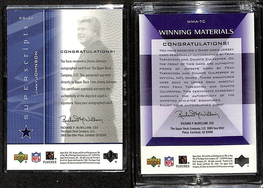 (2) 2004 Upper Deck SPx Football Cards w. Jimmy Johnson Autograph & Fran Tarkenton Dual Autograph