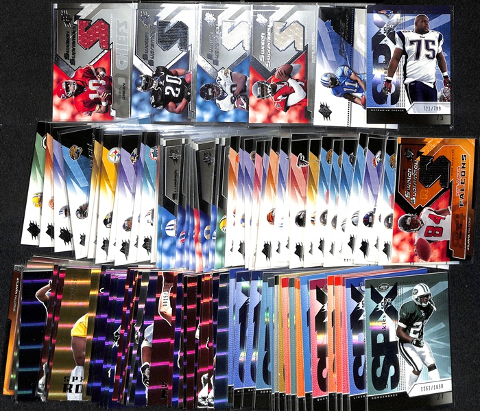 2004 & 2005 Upper Deck SPx Football Lot w. (57) Rookies, (20) Rookie Swatch Cards, (27) Game-Used Swatch Supremey (Wilfork (RC), Vick, Dawkins)