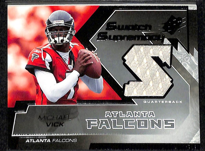 2004 & 2005 Upper Deck SPx Football Lot w. (57) Rookies, (20) Rookie Swatch Cards, (27) Game-Used Swatch Supremey (Wilfork (RC), Vick, Dawkins)