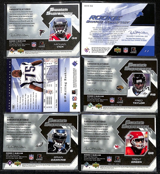 2004 & 2005 Upper Deck SPx Football Lot w. (57) Rookies, (20) Rookie Swatch Cards, (27) Game-Used Swatch Supremey (Wilfork (RC), Vick, Dawkins)