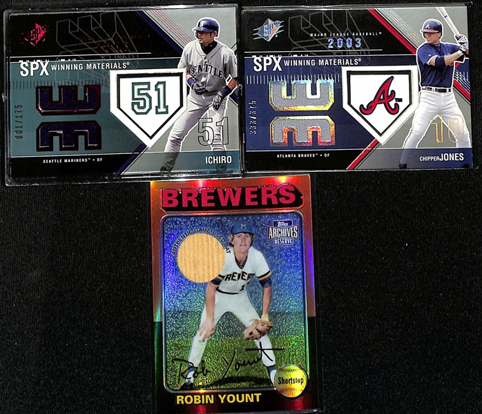 Lot of (34) Baseball Relic Cards w. Ichiro, Chipper Jones, & Robert Yount