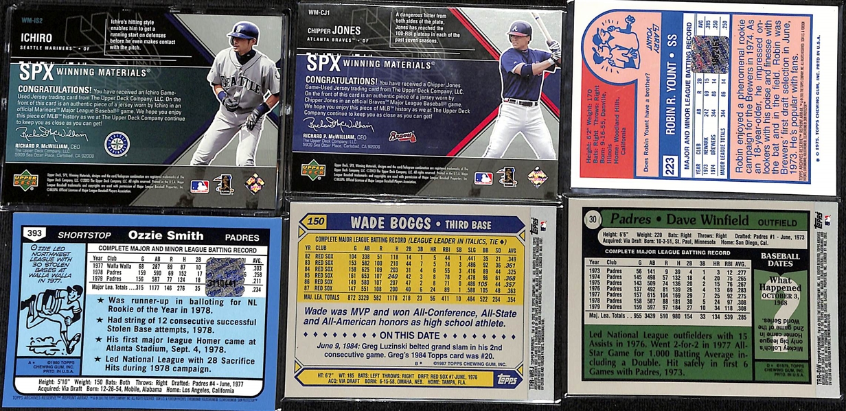 Lot of (34) Baseball Relic Cards w. Ichiro, Chipper Jones, & Robert Yount