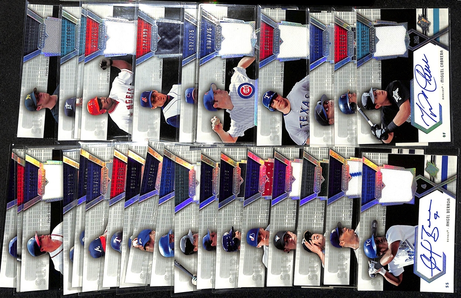 Lot of (32) 2004 UD SPx Swatch Supremacy Signature Baseball Cards w. Miguel Cabrera #/999 & Joe Mauer #/999