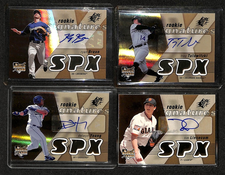 2007 Upper Deck SPx Baseball Complete Base and Rookie Auto Set (Ryan Braun, Troy Tulowitzki, Delwyn Young, Tim Lincecum)