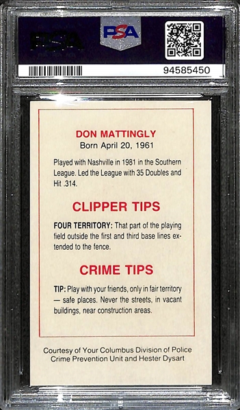 1982 Police Don Mattingly Columbus Clippers Minor League Pre-Rookie Card Graded PSA 8 NM-MT
