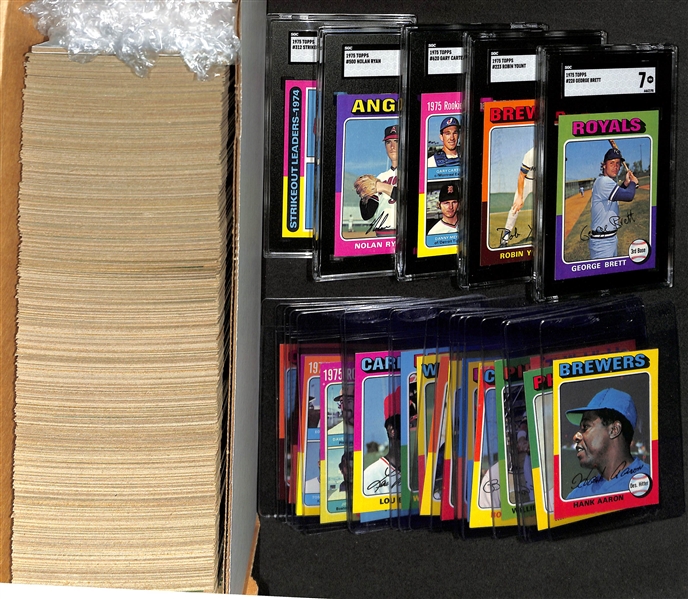 1975 Topps Complete Baseball Card Set (All 660 Cards), Inc. George Brett Rookie (SGC 7), Robin Yount Rookie (SGC 6.5), Gary Carter Rookie (SGC 7.5), Nolan Ryan (SGC 4), Strikeout...