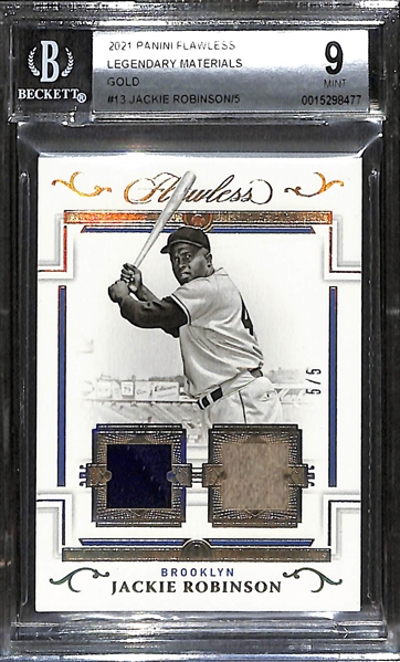 2021 Panini Flawless Jackie Robinson Game-Worn Dual Relic Card - Legendary Materials Gold #5/5
