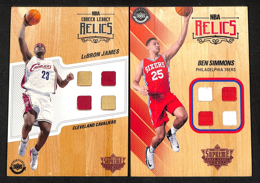 2016-17 Upper Deck UDA Supreme Hard Court NBA Game-Used Floor & Relics - LeBron James & Ben Simmons 5x7 Floor Cards (w. Quad Game-Used Memorabilia Relics)