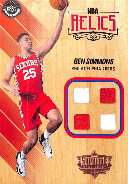 2016-17 Upper Deck UDA Supreme Hard Court NBA Game-Used Floor & Relics - LeBron James & Ben Simmons 5x7 Floor Cards (w. Quad Game-Used Memorabilia Relics)