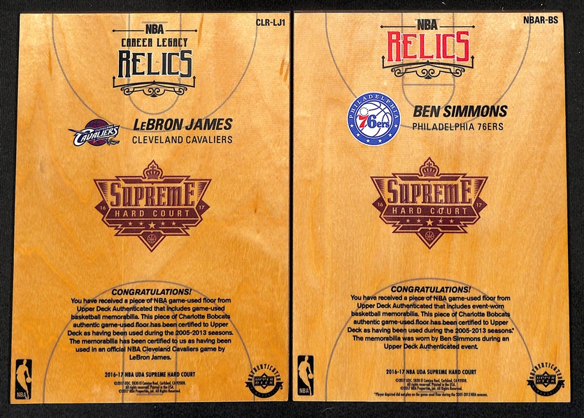 2016-17 Upper Deck UDA Supreme Hard Court NBA Game-Used Floor & Relics - LeBron James & Ben Simmons 5x7 Floor Cards (w. Quad Game-Used Memorabilia Relics)