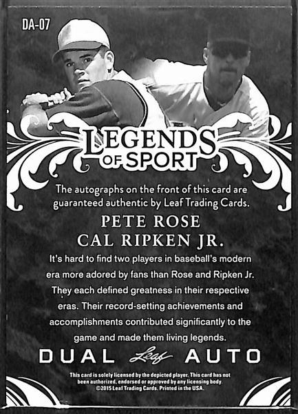 2015 Leaf Legends of Sport Pete Rose & Cal Ripken Dual Autograph Card #ed 9/10