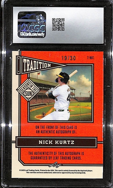 2025 Leaf Seasons in the Sun Nick Kurtz Rookie Autograph Card #19/30 Graded CGC 10 Gem Mint (Likely 2025 AL Rookie of the Year)