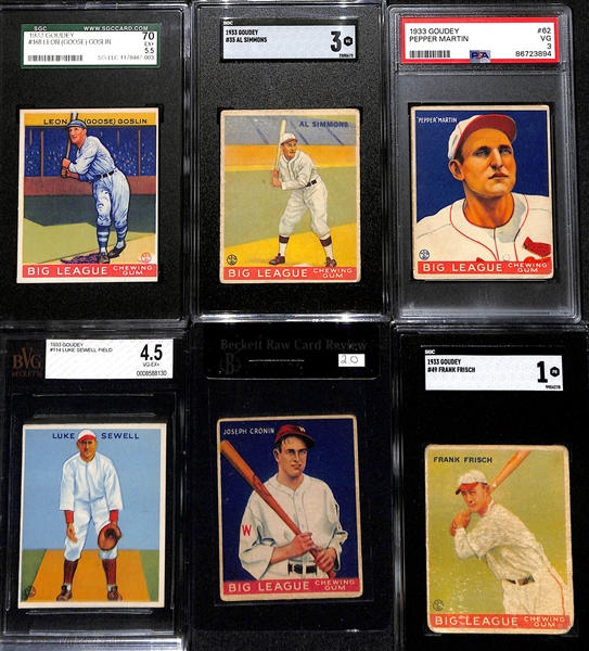 (6) 1933 Goudey Lot - Goose Goslin (SGC 5.5), Al Simmons (SGC 3), Pepper Martin (PSA 3), Luke Sewell (BVG 4.5), Joe Cronin (BVG 2), Frank Frisch (SGC 1)