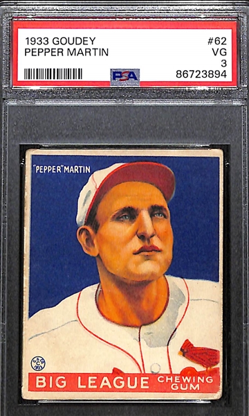 (6) 1933 Goudey Lot - Goose Goslin (SGC 5.5), Al Simmons (SGC 3), Pepper Martin (PSA 3), Luke Sewell (BVG 4.5), Joe Cronin (BVG 2), Frank Frisch (SGC 1)