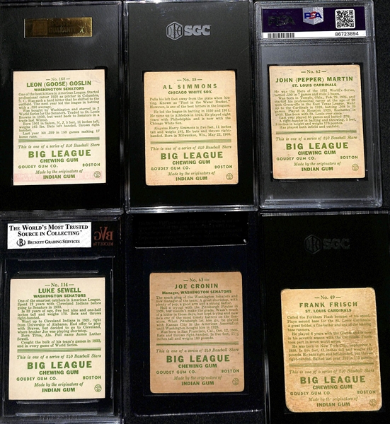 (6) 1933 Goudey Lot - Goose Goslin (SGC 5.5), Al Simmons (SGC 3), Pepper Martin (PSA 3), Luke Sewell (BVG 4.5), Joe Cronin (BVG 2), Frank Frisch (SGC 1)
