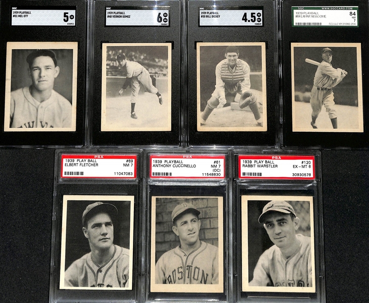(7) Graded 1939 Play Ball Cards - Mel Ott (SGC 5), Lefty Gomez (SGC 6), Bill Dickey (SGC 4.5), Newsome (SGC 7), Elbert Fletcher (PSA 7), Cuccinello (PSA 7 OC), Warstler (PSA 6)