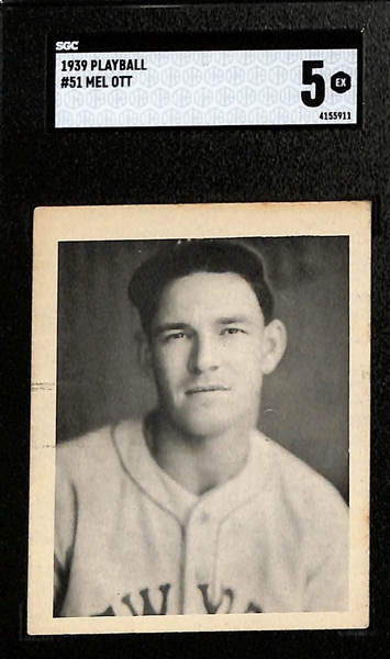 (7) Graded 1939 Play Ball Cards - Mel Ott (SGC 5), Lefty Gomez (SGC 6), Bill Dickey (SGC 4.5), Newsome (SGC 7), Elbert Fletcher (PSA 7), Cuccinello (PSA 7 OC), Warstler (PSA 6)