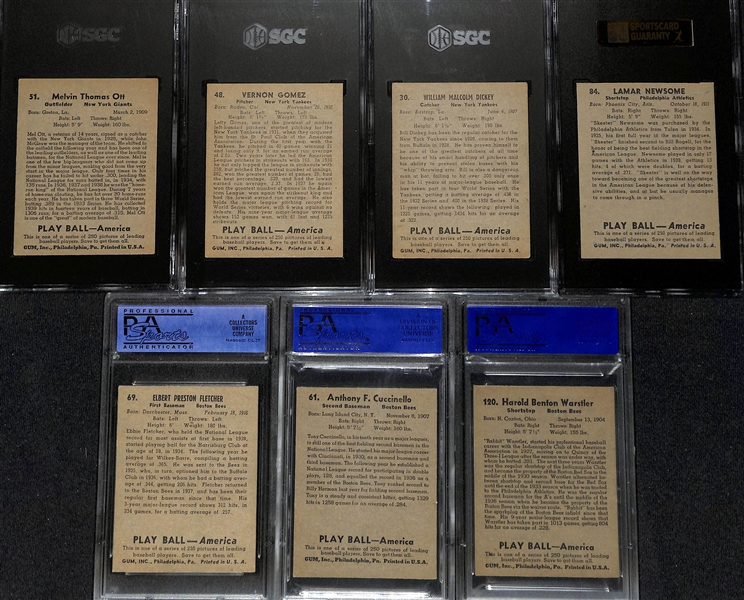 (7) Graded 1939 Play Ball Cards - Mel Ott (SGC 5), Lefty Gomez (SGC 6), Bill Dickey (SGC 4.5), Newsome (SGC 7), Elbert Fletcher (PSA 7), Cuccinello (PSA 7 OC), Warstler (PSA 6)