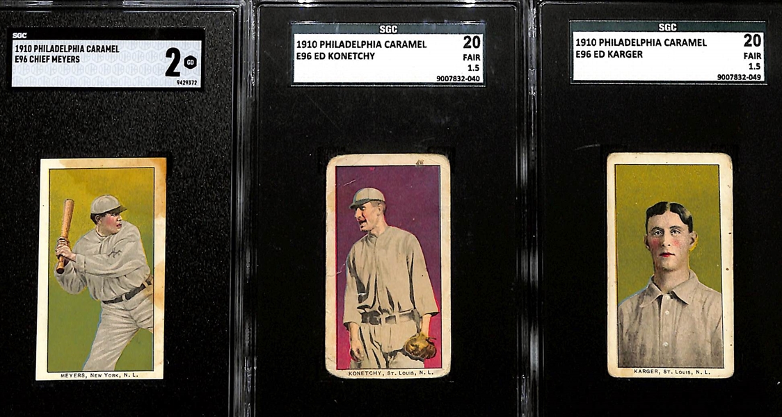 (9) SGC Graded 1910 Philadelphia Caramel Cards w. Chief Myers (SGC 2), Konetchy (1.5), Karger (1.5), Murray (1.5), Arrelanes (1.5), McQuillan (1), Kling (1), Herzog (1), Gibson (1.5)