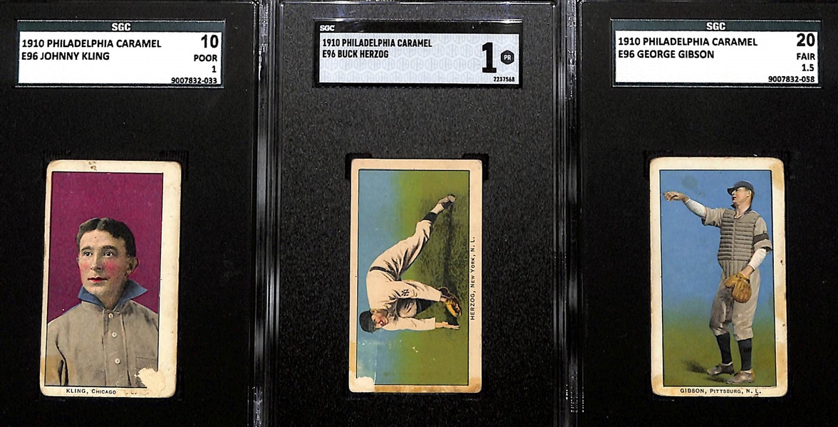 (9) SGC Graded 1910 Philadelphia Caramel Cards w. Chief Myers (SGC 2), Konetchy (1.5), Karger (1.5), Murray (1.5), Arrelanes (1.5), McQuillan (1), Kling (1), Herzog (1), Gibson (1.5)