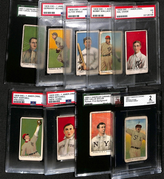 (9) Graded 1909-11 E90-1 American Caramel Cards w. Hal Chase (PSA 3), Bobby Wallace (HOF, PSA 2), Engle (PSA 3.5), Schaefer (PSA 2), Overall (SGC 1.5), Stone (BVG 2), Keeler (SGC 1.5), Mitchell...