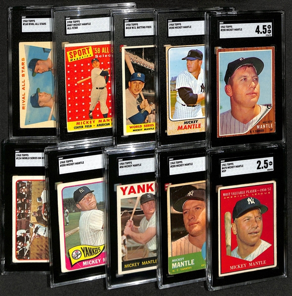 (10) SGC Graded Mickey Mantle Cards - 1962 Topps #200 (4.5), 1968 Topps #280 (4), 1958 w. Aaron #418 (2.5), 1958 #487 (2), 1960 w. Boyer (1.5), 1961 #475 (2.5), 1963 #200 (1), 1964 #50 (2), 1965...