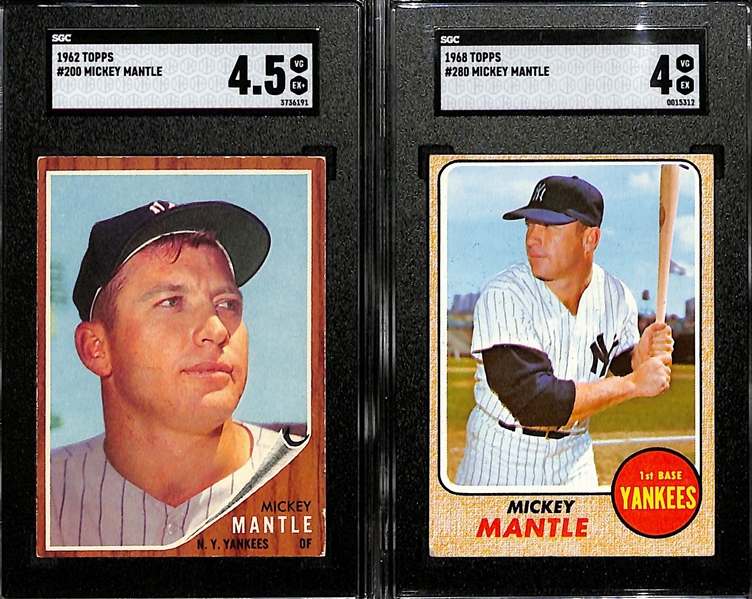 (10) SGC Graded Mickey Mantle Cards - 1962 Topps #200 (4.5), 1968 Topps #280 (4), 1958 w. Aaron #418 (2.5), 1958 #487 (2), 1960 w. Boyer (1.5), 1961 #475 (2.5), 1963 #200 (1), 1964 #50 (2), 1965...