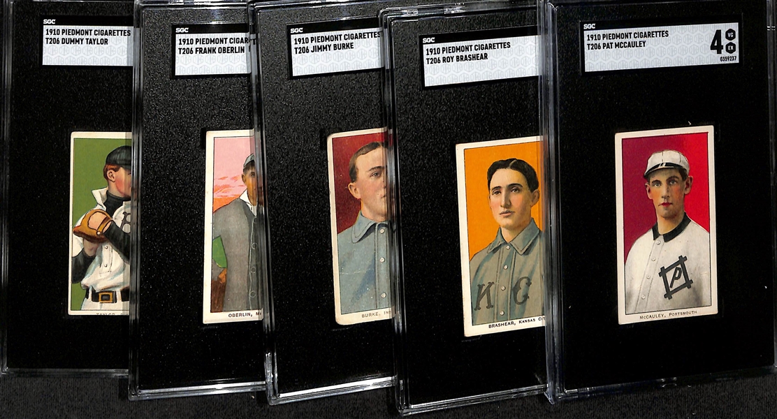 (5) 1910 T206 Piedmont Minor League Cards - McCauley (SGC 4), Brashear (SGC 4), Burke (SGC 2.5), Oberlin (SGC 2), Taylor (SGC Auth.)