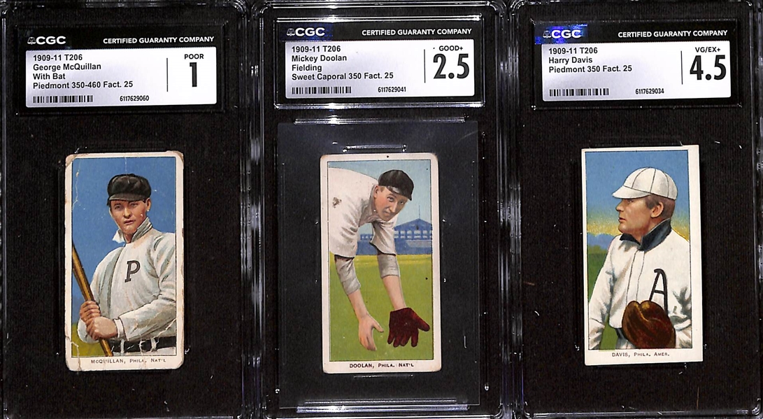 (3) 1909-11 T206 Philadelphia A's/Phillies Tobacco Cards - Harry Davis (CGC 4.5), Mickey Doolan (CGC 2.5), George McQuillan (CGC 1)