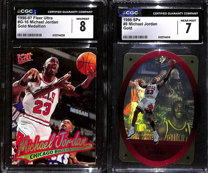 1996-97 Fleer Ultra #G-16 Michael Jordan Gold Medallion CGC 8 & 1996 SPx #8 Michael Jordan Gold CGC 7