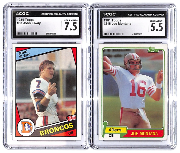 CGC Graded Hall of Fame Quarterback Rookie Card Pair w/ 1981 Topps Joe Montana Rookie CGC 5.5 & 1984 Topps John Elway Rookie CGC 7.5