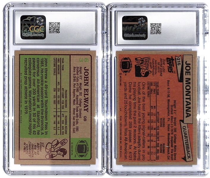 CGC Graded Hall of Fame Quarterback Rookie Card Pair w/ 1981 Topps Joe Montana Rookie CGC 5.5 & 1984 Topps John Elway Rookie CGC 7.5