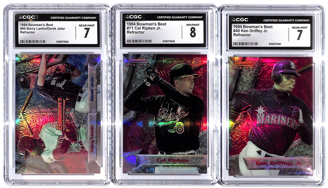CGC Graded 1994 Bowman’s Best Refractor Trio w. Griffey Jr., Ripken Jr. & Jeter/Larkin 