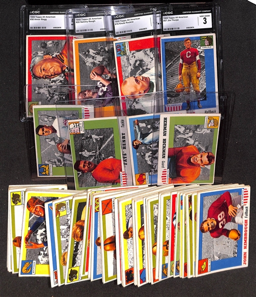 1955 Topps All-American Football Partial Set (85 of 100 Cards) w. Jim Thorpe (CGC 3), Knute Rockne (CGC 4.5), Graham, Baugh (CGC  5.5), Whizzer White, Stagg (CGC 5), +