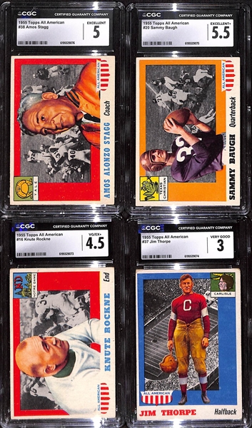 1955 Topps All-American Football Partial Set (85 of 100 Cards) w. Jim Thorpe (CGC 3), Knute Rockne (CGC 4.5), Graham, Baugh (CGC  5.5), Whizzer White, Stagg (CGC 5), +