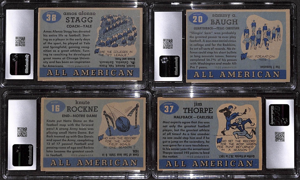 1955 Topps All-American Football Partial Set (85 of 100 Cards) w. Jim Thorpe (CGC 3), Knute Rockne (CGC 4.5), Graham, Baugh (CGC  5.5), Whizzer White, Stagg (CGC 5), +