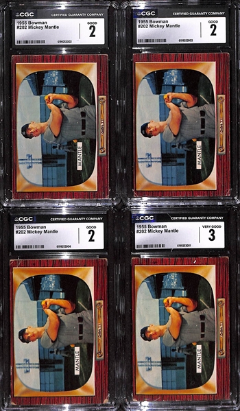 Lot of (4) Graded 1955 Bowman Mickey Mantle Cards #202 - CGC 3 & (3) CGC 2