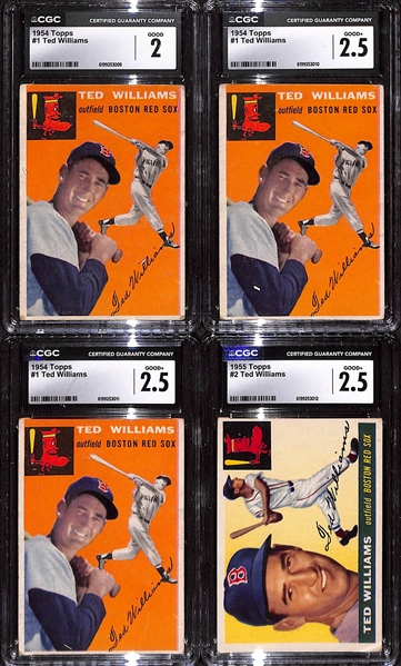 Lot of (4) Ted Williams Cards - (3) 1954 Topps #1 CGC 2.5, 2.5, & 2;  (1) 1955 Topps #2 CGC 2.5