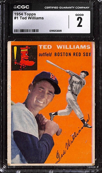 Lot of (4) Ted Williams Cards - (3) 1954 Topps #1 CGC 2.5, 2.5, & 2;  (1) 1955 Topps #2 CGC 2.5